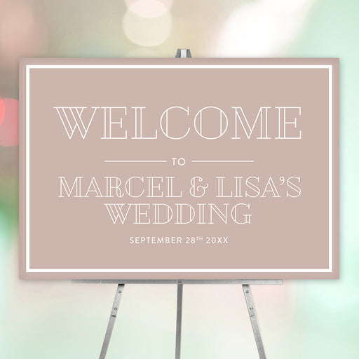 Personalized blush pink wedding welcome sign, customized with names and date for ceremony or reception decor.