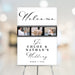 wedding welcome sign with black script lettering, photo filmstrip featuring couple images, custom names, wedding date, and easel display.