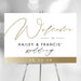 Elegant personalized wedding welcome sign, printed welcome poster for reception entrance decor or venue display.