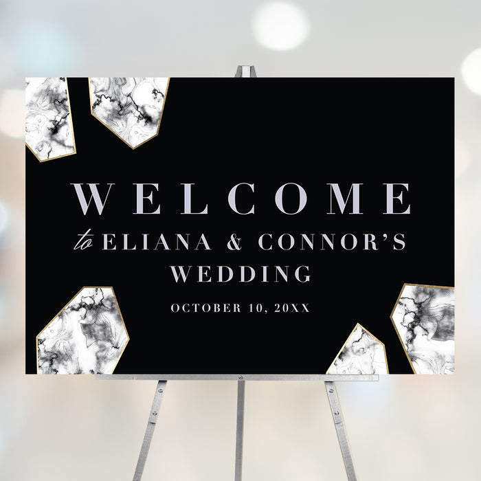 Black and white marble wedding welcome sign, elegant event entrance signage