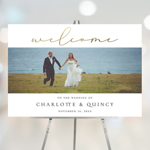 Personalized wedding welcome sign featuring a couple photo and gold typography, elegant wedding décor