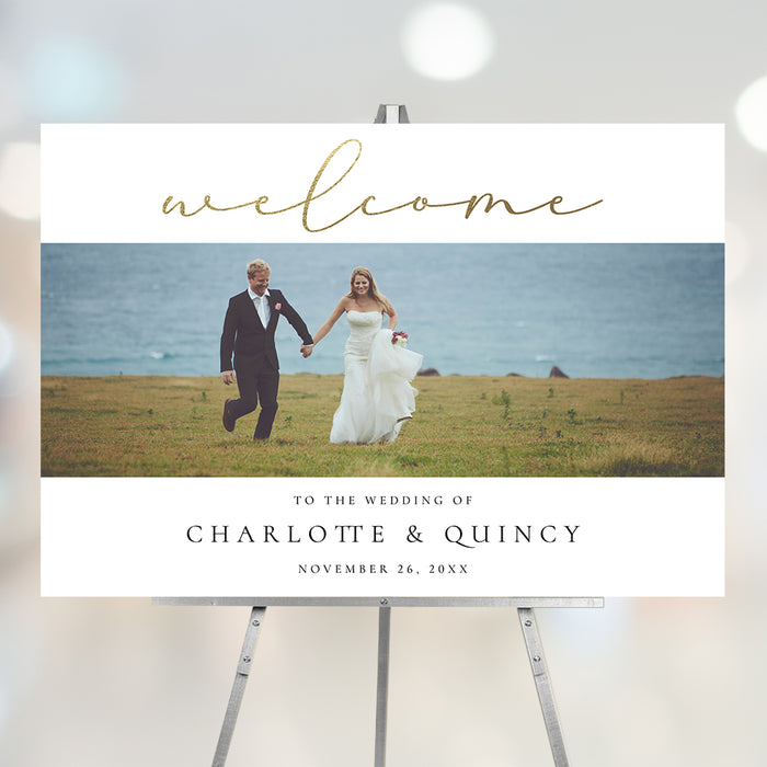 Personalized wedding welcome sign featuring a couple photo and gold typography, elegant wedding décor