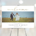 Personalized wedding welcome sign featuring a couple photo and gold typography, elegant wedding décor