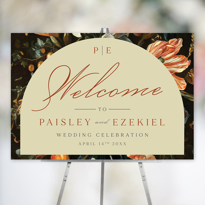 Wedding welcome sign featuring a vintage floral illustration and an arched design, personalized for a couple’s special day.