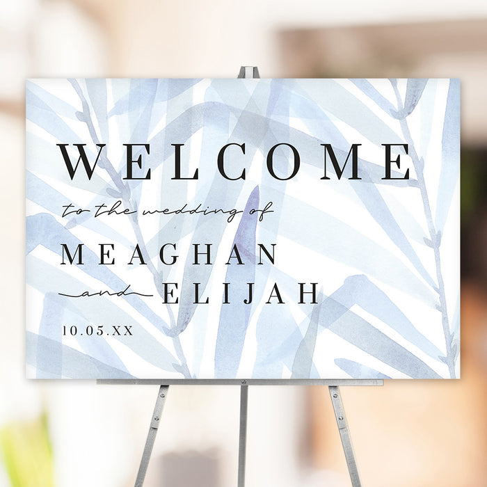Dusty blue leaf wedding welcome sign with personalized names and date for ceremony or reception decor.