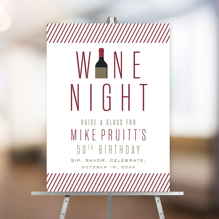 wine tasting welcome sign for an adult birthday party with wine bottle design and burgundy striped accents
