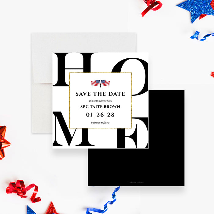 Welcome Home Party Save the Card with American Flag, Military Homecoming Save the Dates