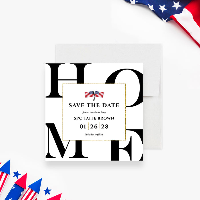 Welcome Home Party Save the Card with American Flag, Military Homecoming Save the Dates