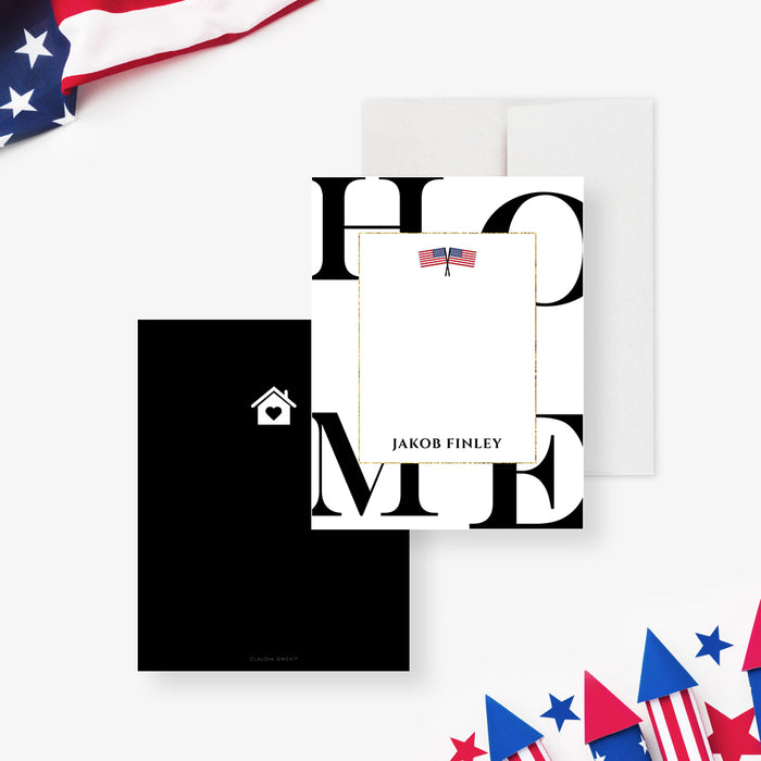 Welcome Home Note Card with American Flag, Military Homecoming Thank You Notes, US Army Deployment Stationery Correspondence Card