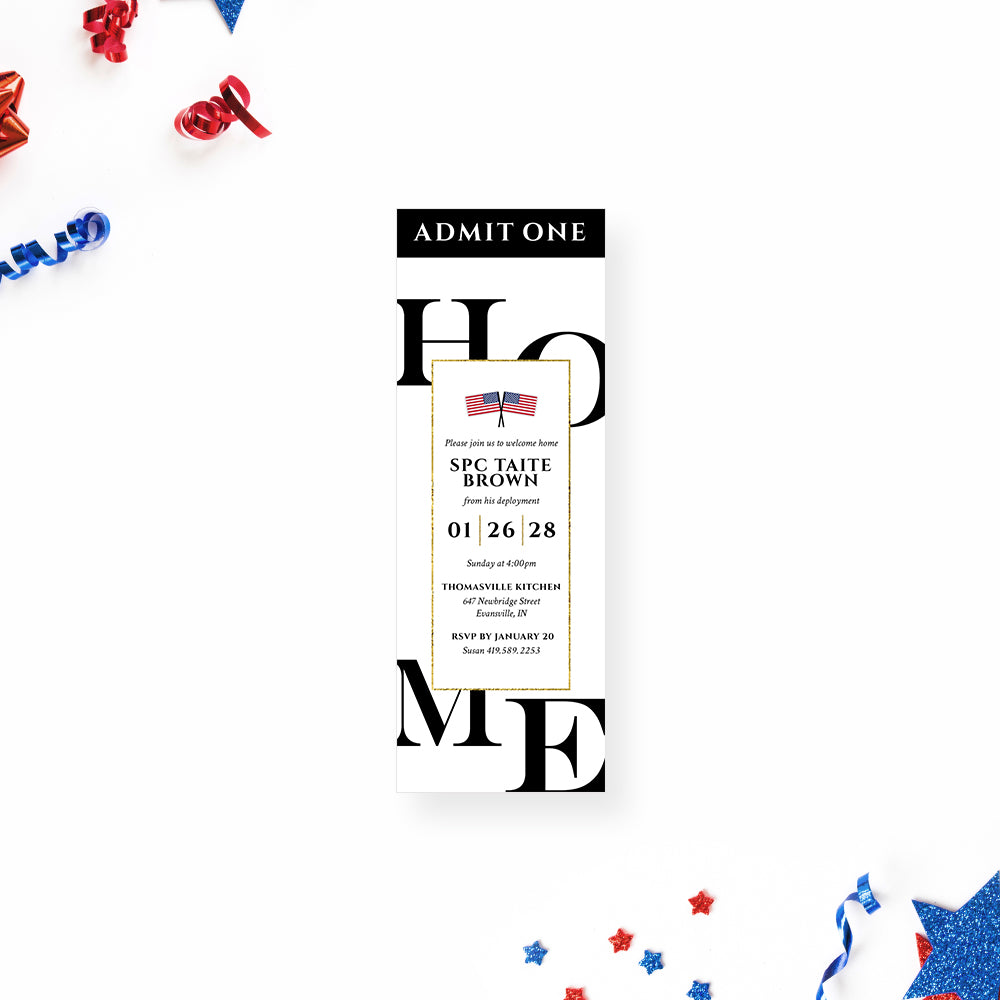 Welcome Home Party Ticket Invitation with American Flag, Military Home
