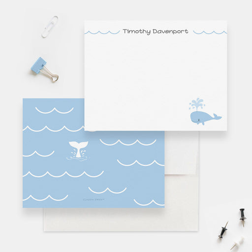 Personalized whale note card front and back, featuring a blue whale, white waves and a whale tail, with white envelopes.