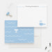 Personalized whale note card front and back, featuring a blue whale, white waves and a whale tail, with white envelopes.