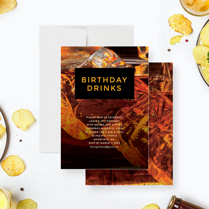 Chic whiskey-themed birthday invitation showcasing a close-up of a cocktail on the rocks, ideal for adult birthday parties, bar events, or cocktail dinners.-front-back