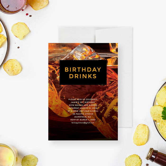 Chic whiskey-themed birthday invitation showcasing a close-up of a cocktail on the rocks, ideal for adult birthday parties, bar events, or cocktail dinners.-front
