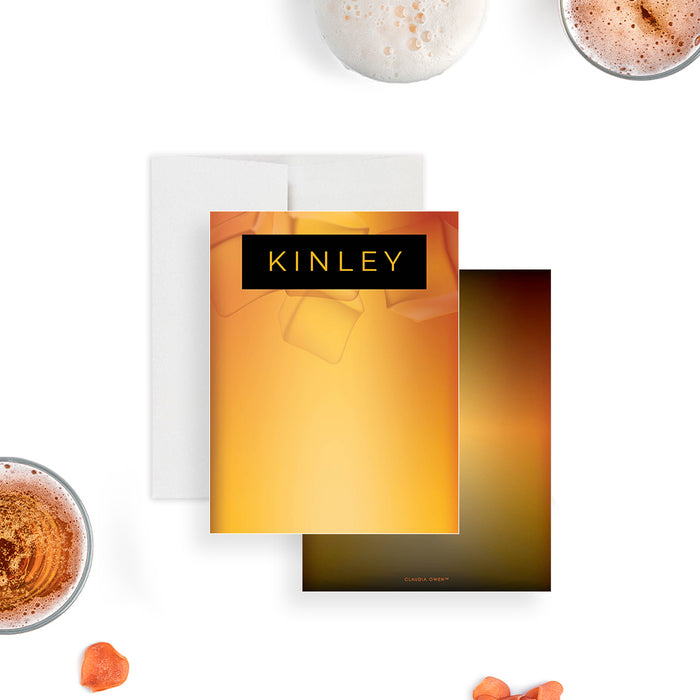 Personalized whiskey-inspired note card featuring an amber background and a black nameplate, perfect for parties, gifts, and stationery.-front-back