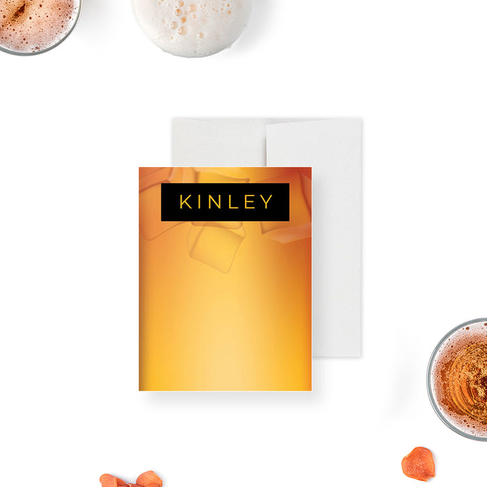 Personalized whiskey-inspired note card featuring an amber background and a black nameplate, perfect for parties, gifts, and stationery.-front