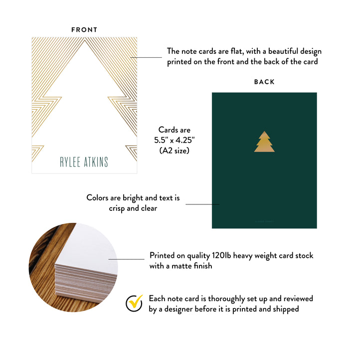 Front and back of white and gold christmas tree note cards showing A2 dimensions and matte cardstock details.