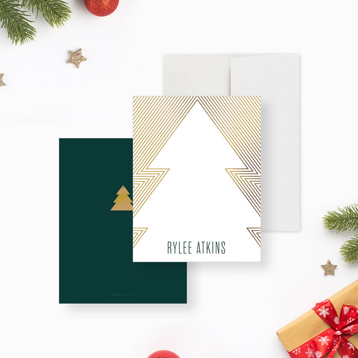 Personalized note card with a white Christmas tree and gold-colored line pattern, beside a dark green back with a small gold-colored tree.