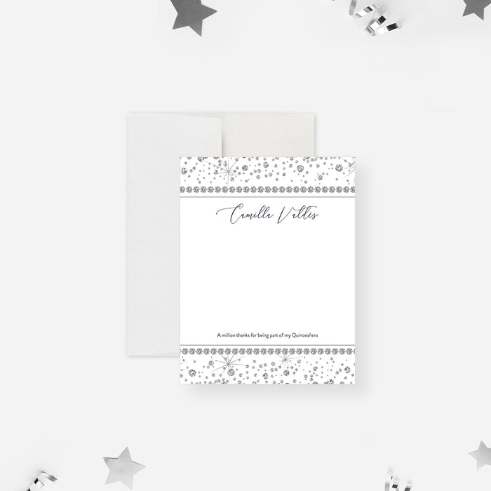 Elegant quinceanera thank you card with diamond border design and personalized name for a Sweet 15 celebration.-front