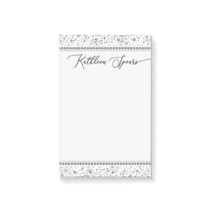 Personalized quinceanera notepad with diamond border accents and custom name for a Sweet 15 celebration.