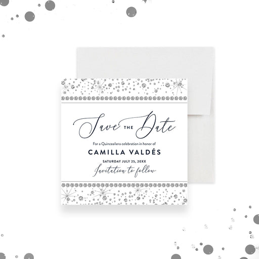 Elegant quinceanera save the date card featuring silver diamond graphics for a stylish Sweet 15 celebration.-front