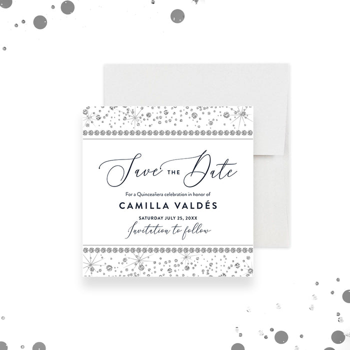 Elegant quinceanera save the date card featuring silver diamond graphics for a stylish Sweet 15 celebration.-front