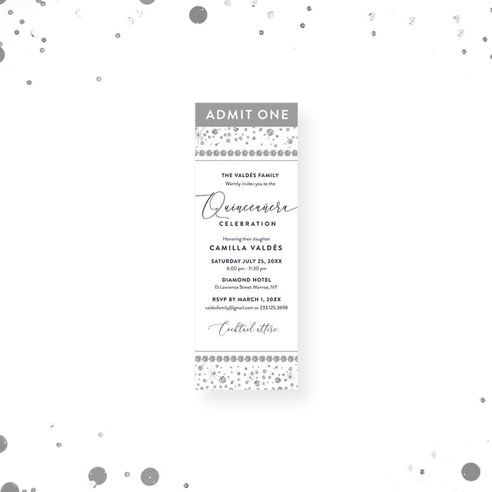 Elegant quinceanera ticket invitation with diamond border design and admit one layout for a stylish Sweet 15 celebration.