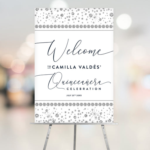 Elegant quinceanera welcome sign with diamond border design displayed on an easel for a Sweet 15 celebration.
