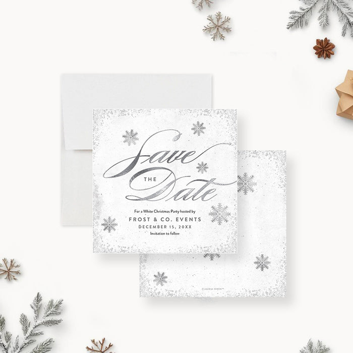 White and silver Christmas save the date card with winter snowflake design-front-back