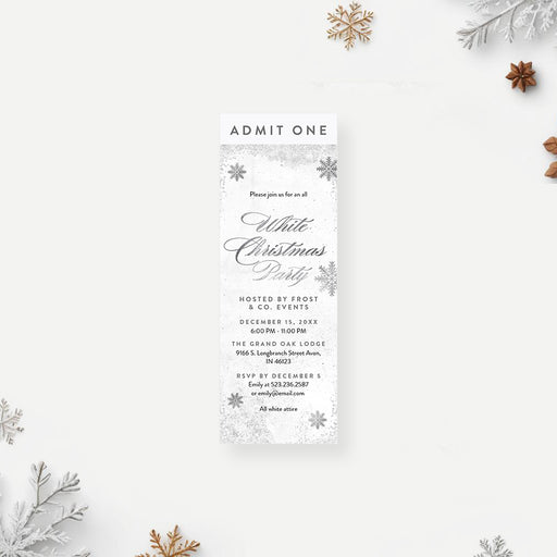 White Christmas ticket invitation with a silver snowflake winter design, elegant party pass for the holiday season