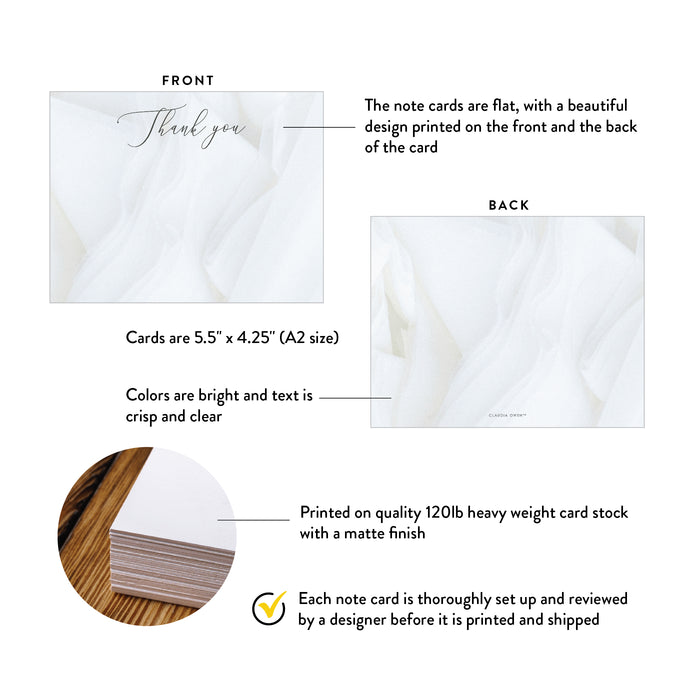 Front and back of white script thank you cards with fabric print showing A2 dimensions and matte cardstock details.