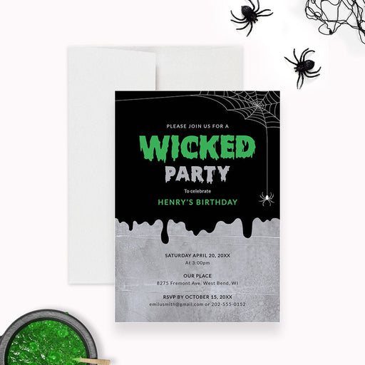 Wicked Halloween birthday invitation template with green and gray lettering digital download