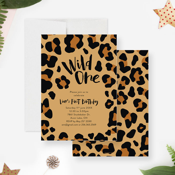 Wild One First Birthday Party Invitation with Animal Leopard Print, Invitation Card for Children, Safari Birthday Invites