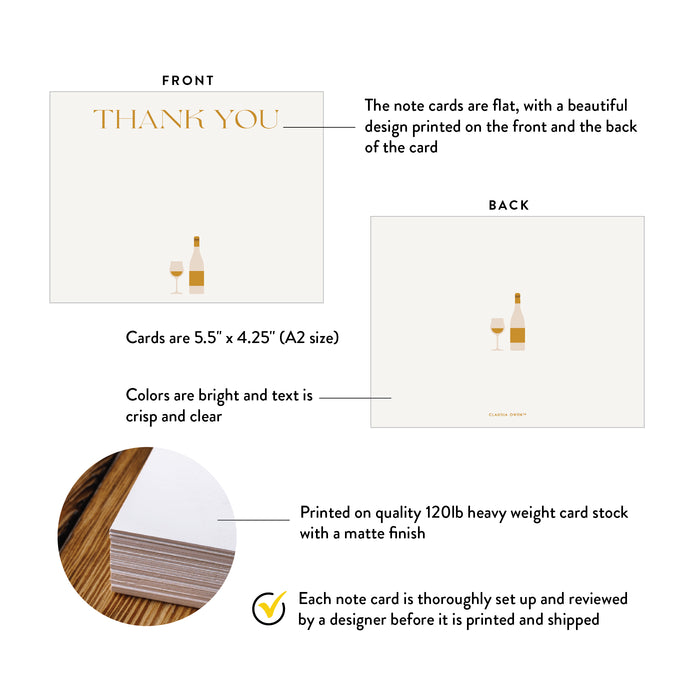 Front and back of wine dinner party thank you note cards showing A2 dimensions and matte cardstock details.
