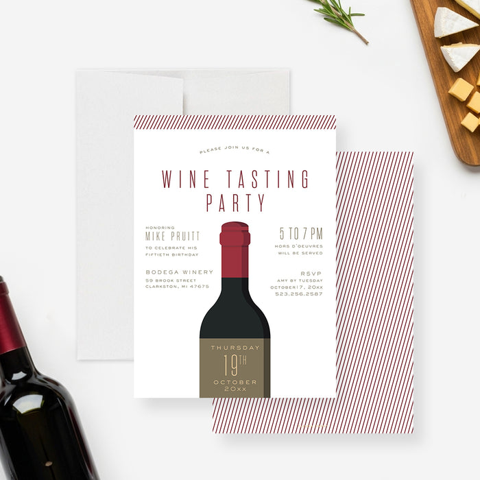 wine tasting birthday invitation with wine bottle design for a winery party, vineyard celebration, or adult birthday event-front-back