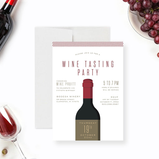 wine tasting birthday invitation with wine bottle design for a winery party, vineyard celebration, or adult birthday event-front