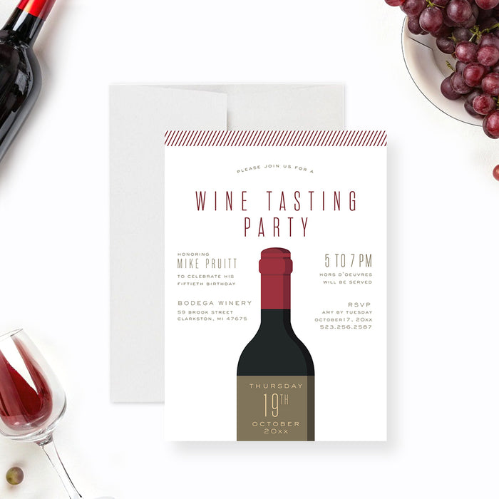 wine tasting birthday invitation with wine bottle design for a winery party, vineyard celebration, or adult birthday event-front