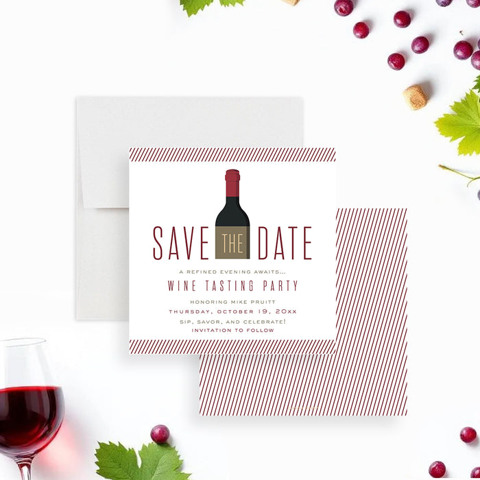 wine tasting save the date card with wine bottle design for a winery birthday party or adult vineyard celebration-front-back