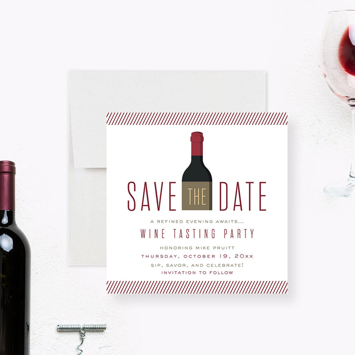 wine tasting save the date card with wine bottle design for a winery birthday party or adult vineyard celebration-front