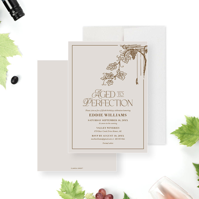 Aged to perfection invitation featuring a grapevine illustration, ideal for milestone birthdays or wine-themed celebrations.-front-back