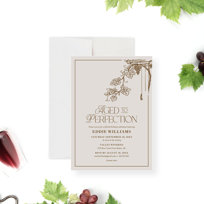 Aged to perfection invitation featuring a grapevine illustration, ideal for milestone birthdays or wine-themed celebrations.-front