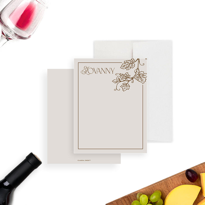 Personalized wine-themed note card featuring a grapevine design, ideal for milestone birthdays or vineyard parties.-front-back