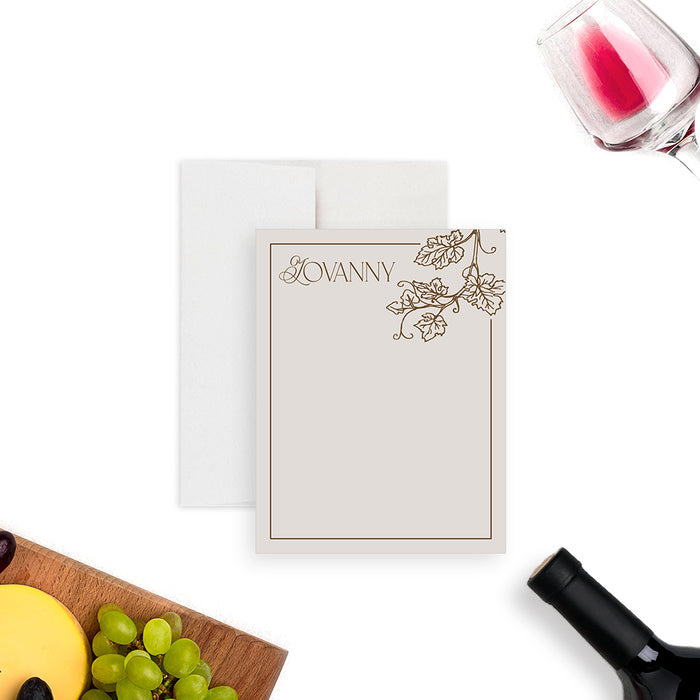 Personalized wine-themed note card featuring a grapevine design, ideal for milestone birthdays or vineyard parties.-front