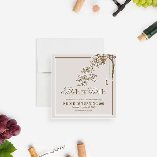 Save the date card featuring a vineyard grapevine design, an elegant wine-themed 50th birthday invitation.-front