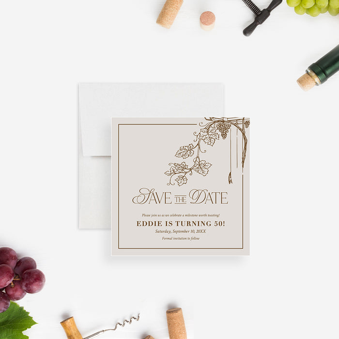 Save the date card featuring a vineyard grapevine design, an elegant wine-themed 50th birthday invitation.-front
