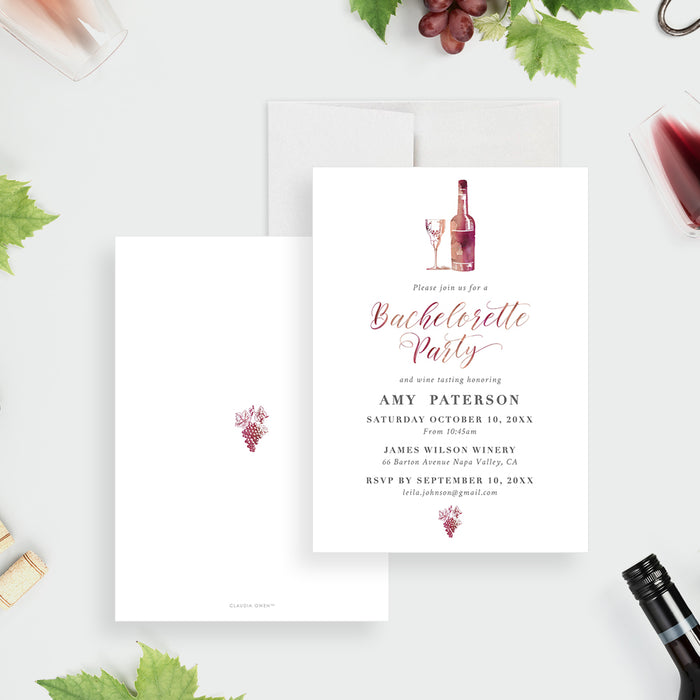 Elegant wine-themed bachelorette party invitation featuring a watercolor wine bottle and glass design-front-back