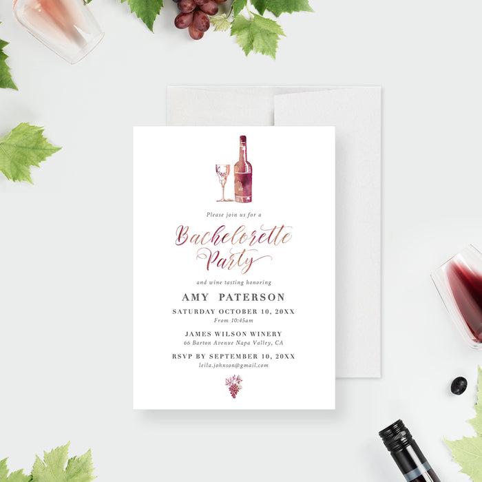 Elegant wine-themed bachelorette party invitation featuring a watercolor wine bottle and glass design-front