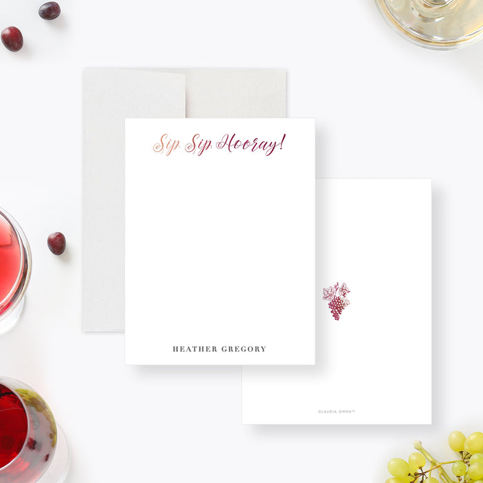 Personalized wine-themed thank you card with elegant “Sip Sip Hooray” design-front-back
