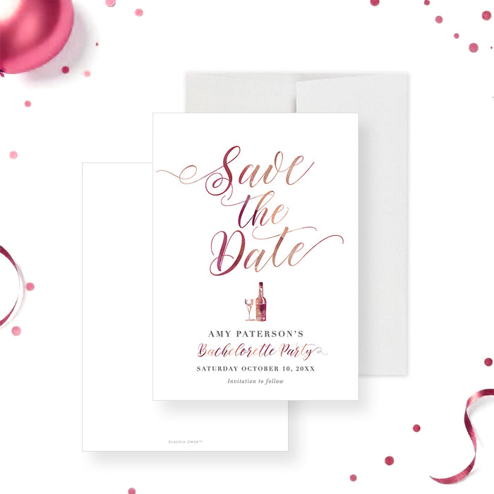 Bachelorette save the date card with wine bottle and glass illustration, elegant winery bridal pre-invitation-front-back