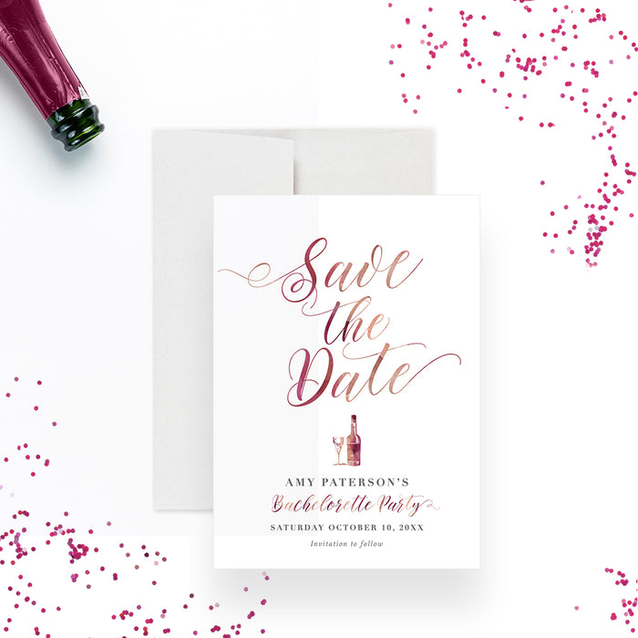 Bachelorette save the date card with wine bottle and glass illustration, elegant winery bridal pre-invitation-front